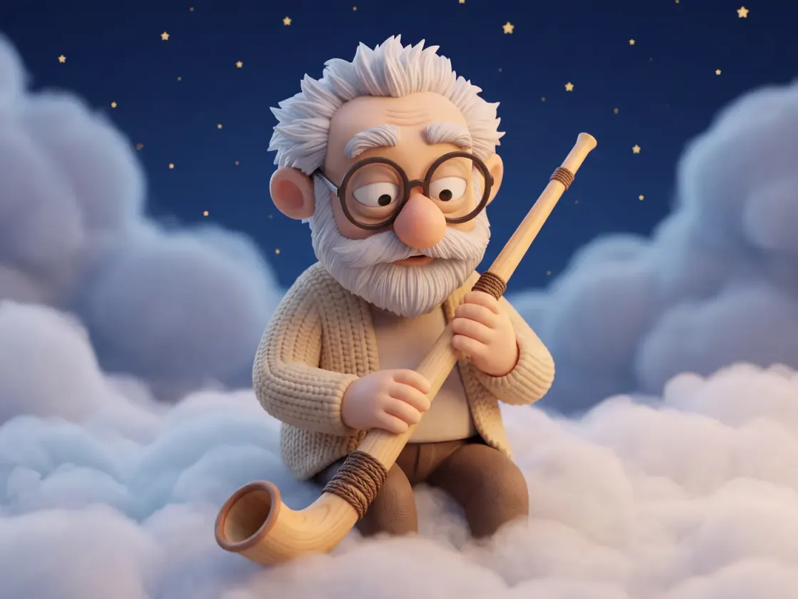 Fridolin hält ein langes Alphorn aus hellem Holz mit gebogenem Becher als kleines Modell in den Händen, über Wolken.