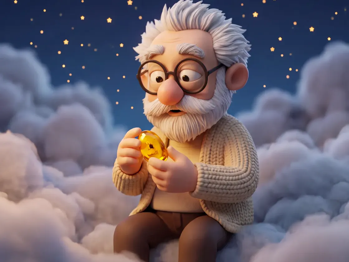 Fridolin hält über weißen Wolken einen kleinen goldgelben Bernstein unter einem tiefblauen Sternenhimmel.
