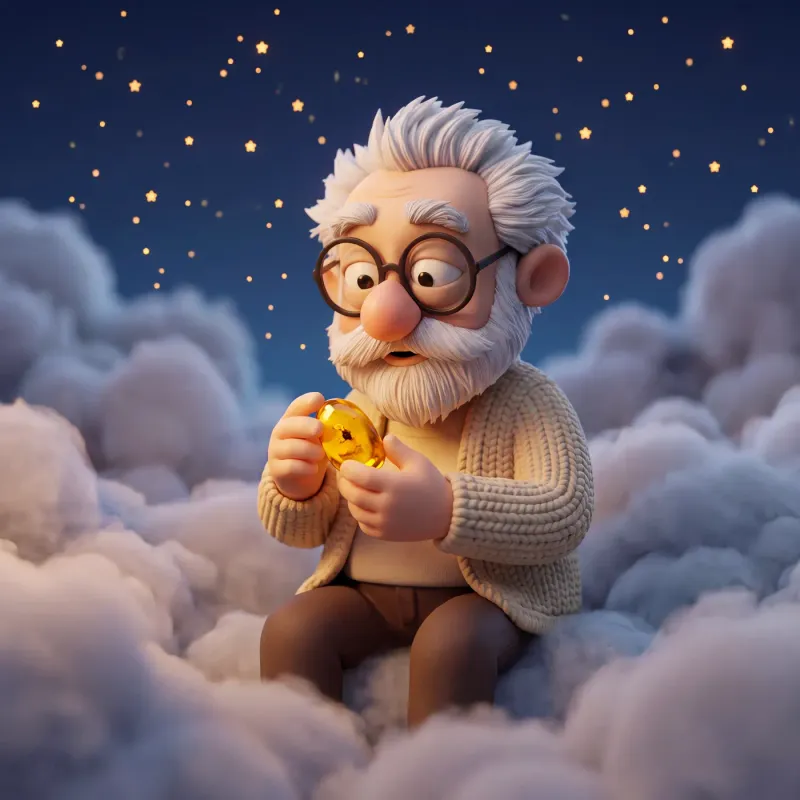 Fridolin hält über weißen Wolken einen kleinen goldgelben Bernstein unter einem tiefblauen Sternenhimmel.