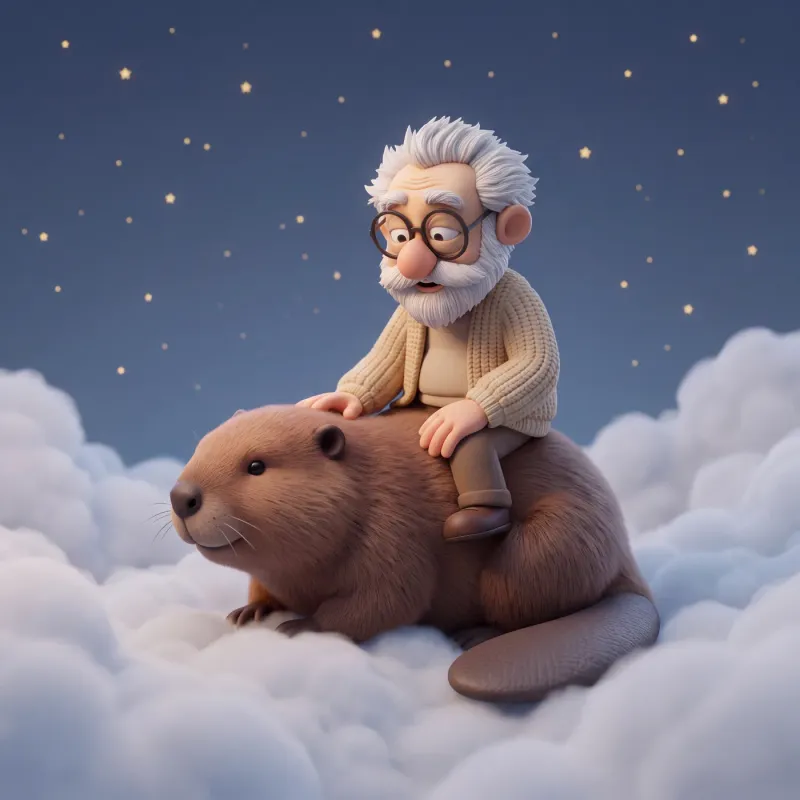 Fridolin sitzt mit beiden Händen auf dem Rücken eines großen Bibers, umgeben von weichen Wolken unter einem dunkelblauen Sternenhimmel in sanftem Licht.