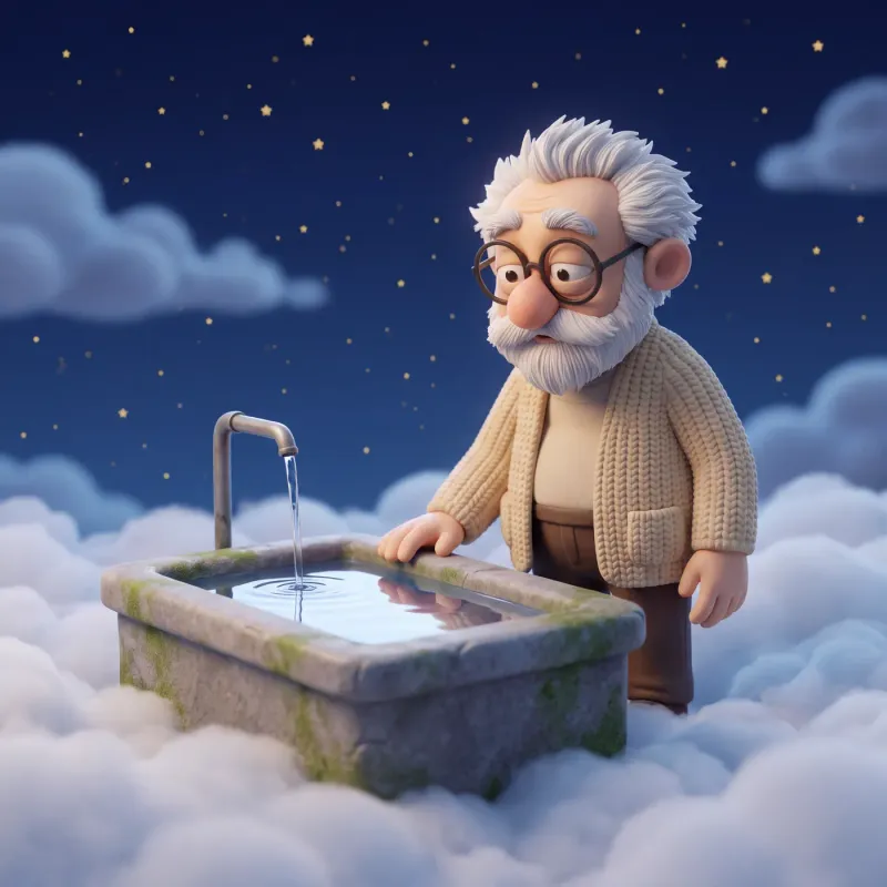 Fridolin steht neben einem moosbewachsenen Steintrog, aus dessen Rohr ein dünner Wasserstrahl läuft, über Wolken.
