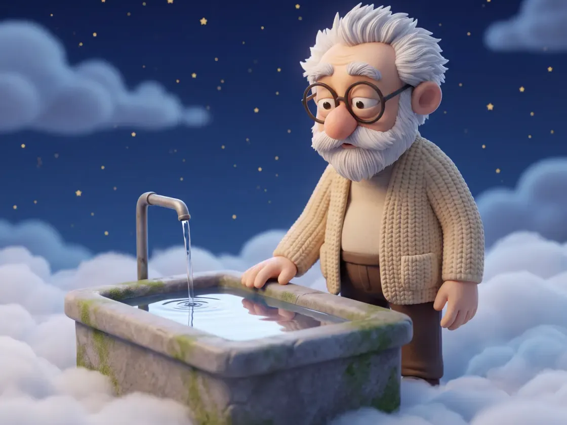 Fridolin steht neben einem moosbewachsenen Steintrog, aus dessen Rohr ein dünner Wasserstrahl läuft, über Wolken.