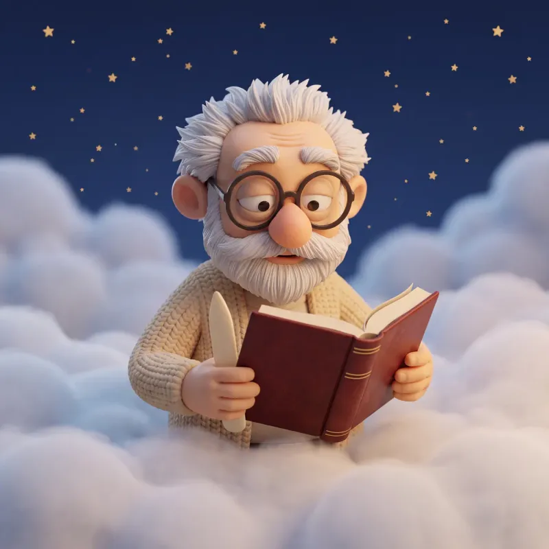 Fridolin sitzt auf Wolken, hält ein aufgeschlagenes rotes Buch und in der anderen Hand ein Falzbein.