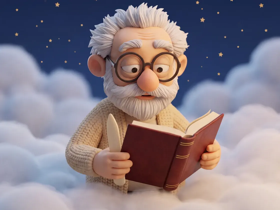 Fridolin sitzt auf Wolken, hält ein aufgeschlagenes rotes Buch und in der anderen Hand ein Falzbein.