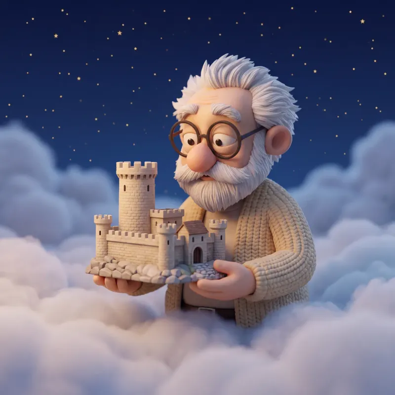 Fridolin hält eine kleine Burg aus hellem Naturstein mit rundem Bergfried und Zinnenmauer in den Händen, über Wolken unter einem Sternenhimmel.