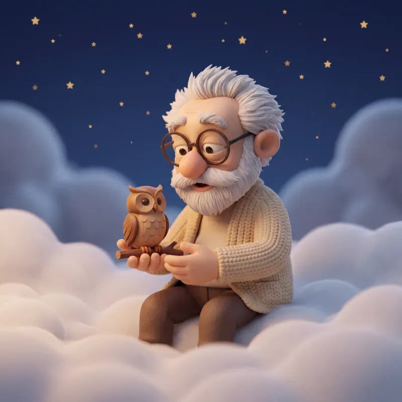 Fridolin sitzt zwischen weichen Wolken und hält eine kleine hölzerne Eule auf einem Ast in beiden Händen; warmes Licht fällt auf ihn, während goldene Sterne am dunkelblauen Himmel leuchten.