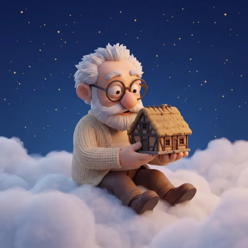 Fridolin hält ein kleines Fachwerk-Bauernhaus mit Strohdach in den Händen, über Wolken unter einem Sternenhimmel.
