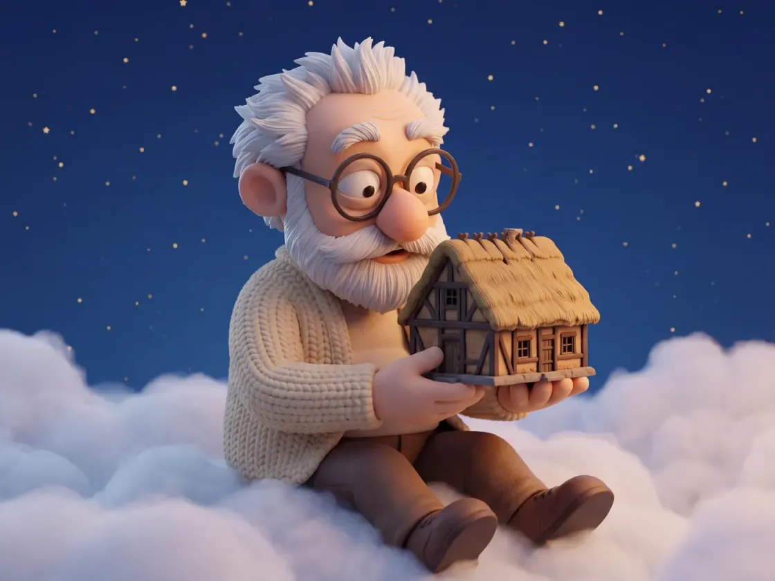 Fridolin hält ein kleines Fachwerk-Bauernhaus mit Strohdach in den Händen, über Wolken unter einem Sternenhimmel.