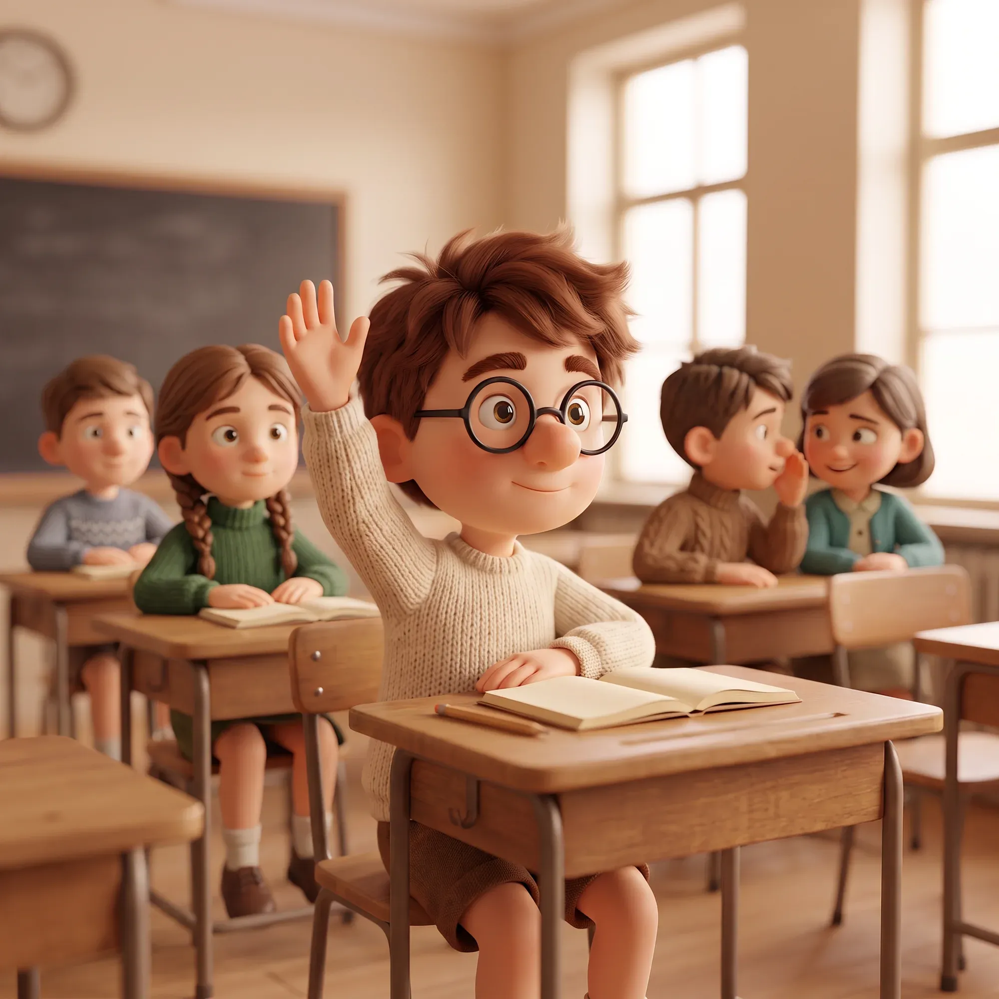 Fridolin als Junge im alten Klassenzimmer: braunes Wuschelhaar, runde Brille, die Hand weit oben, um ihn andere Kinder an Holzpulten.