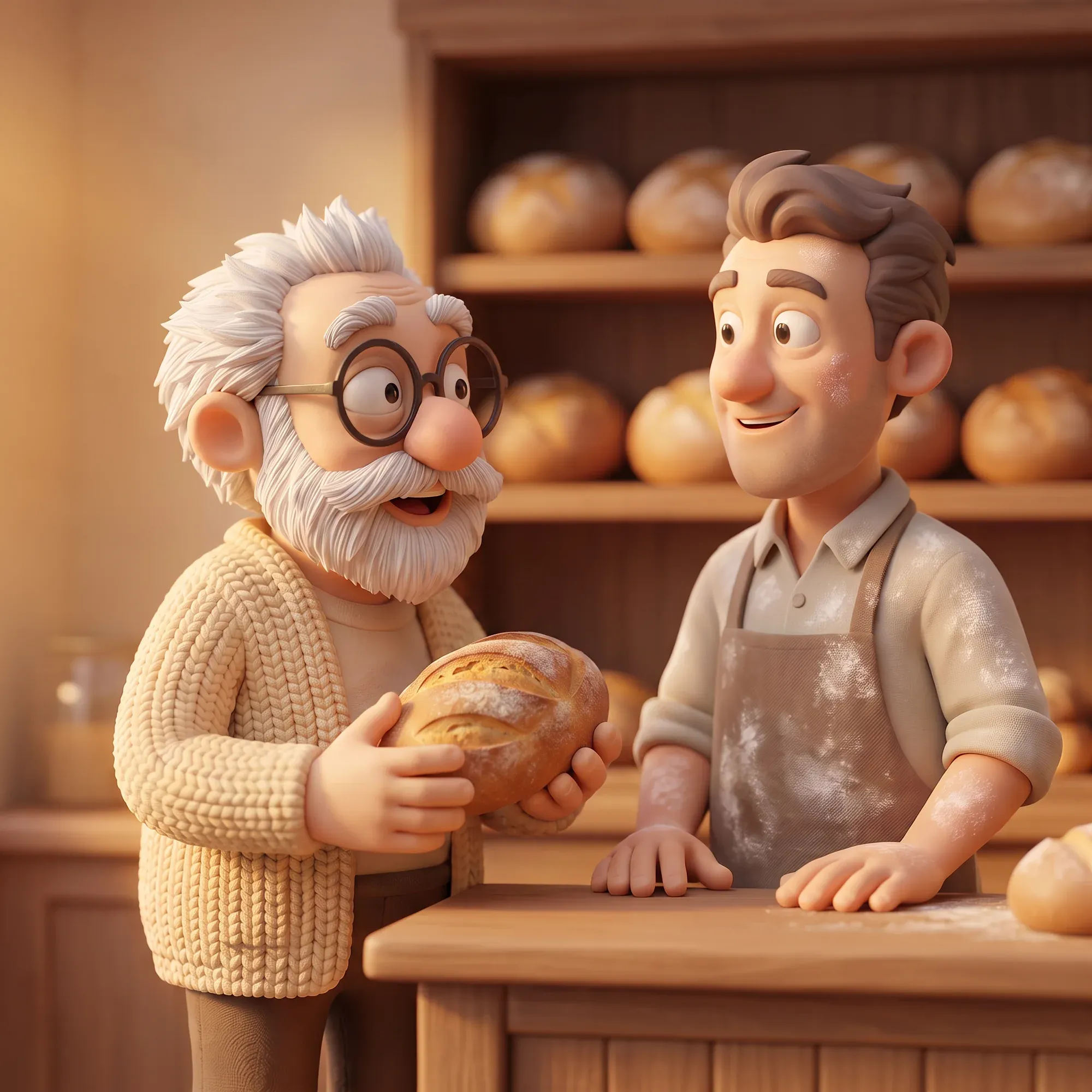 Fridolin steht mit einem Brot in den Händen an der Ladentheke und plaudert mit dem Bäcker in der bemehlten Schürze.