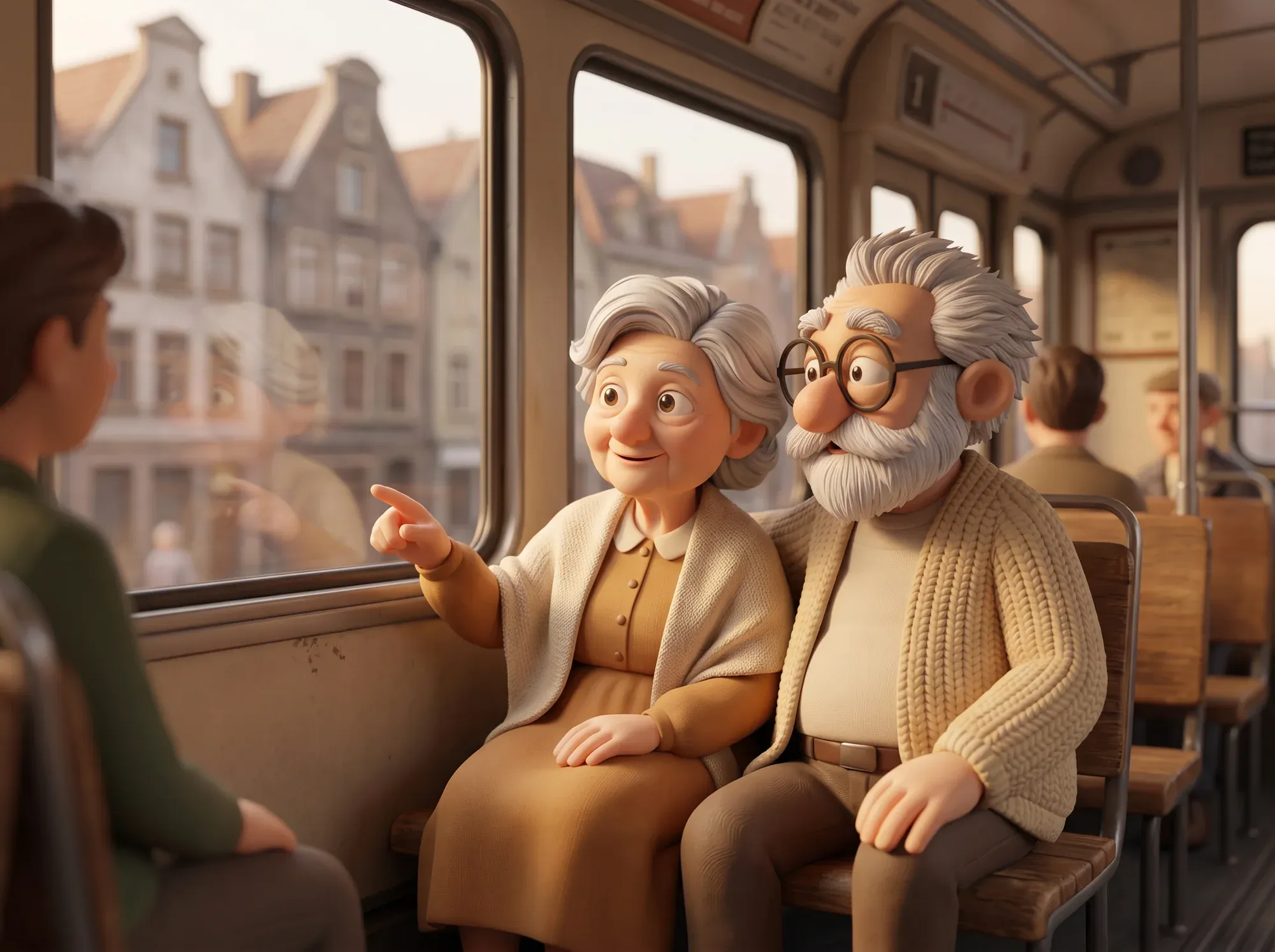 Fridolin und Martha sitzen nebeneinander in einer alten Straßenbahn; sie zeigt aus dem Fenster, draußen ziehen Altstadthäuser vorbei.