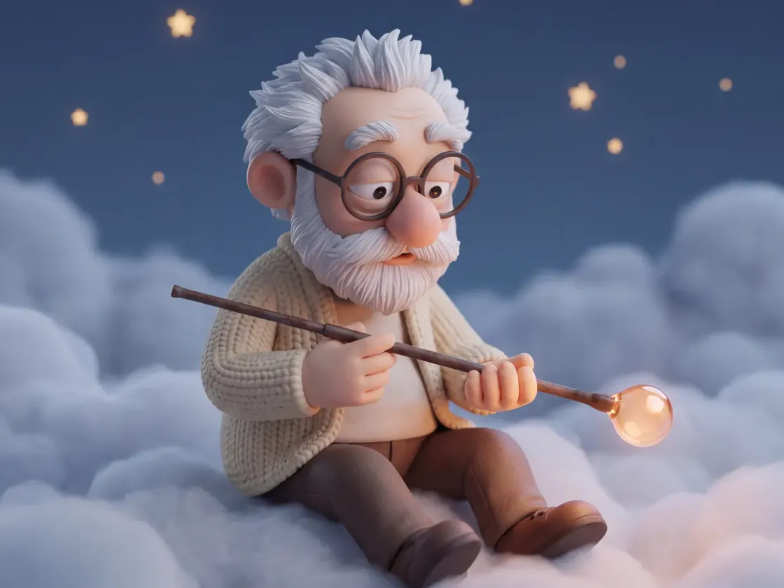 Fridolin sitzt über den Wolken und hält eine Glasmacherpfeife mit einem glühenden Tropfen Glas am vorderen Ende.