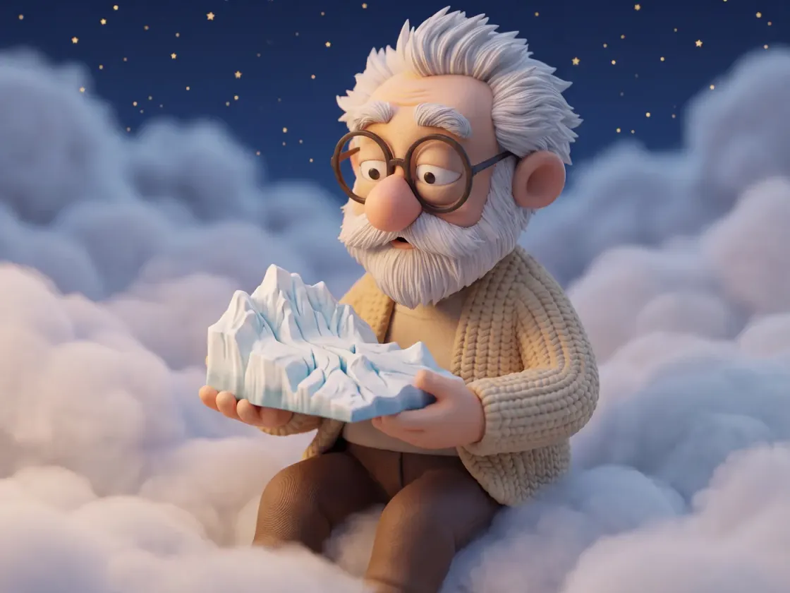 Fridolin sitzt auf Wolken und hält einen kleinen weißblauen Gletscher aus Eis auf beiden Händen.