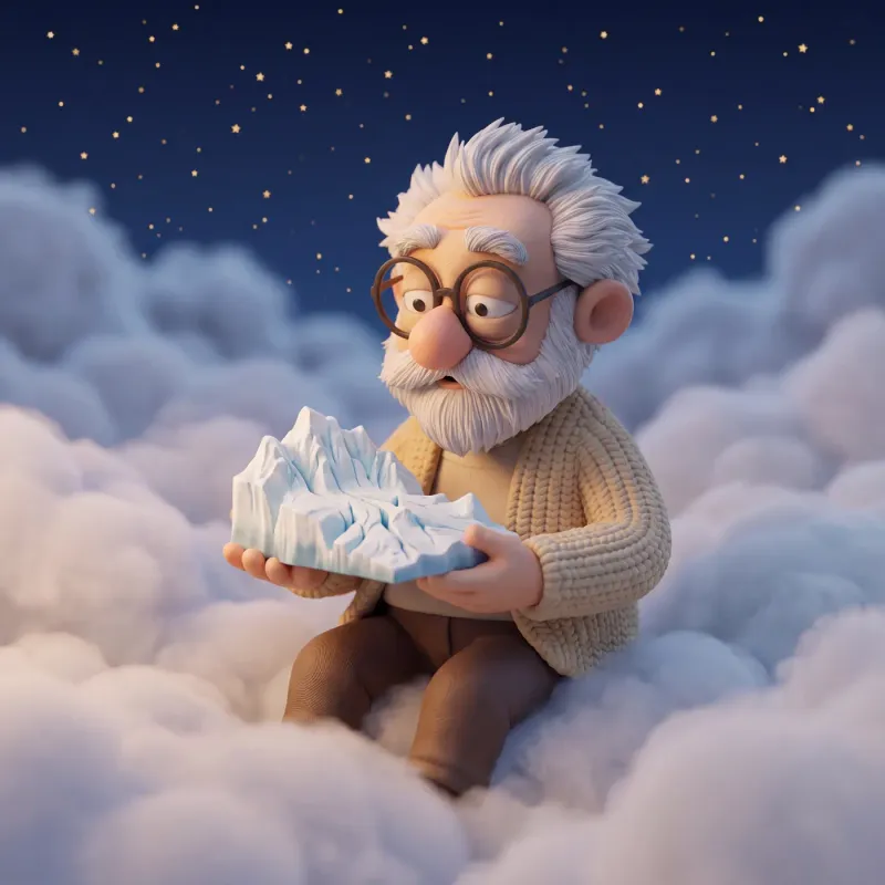 Fridolin sitzt auf Wolken und hält einen kleinen weißblauen Gletscher aus Eis auf beiden Händen.