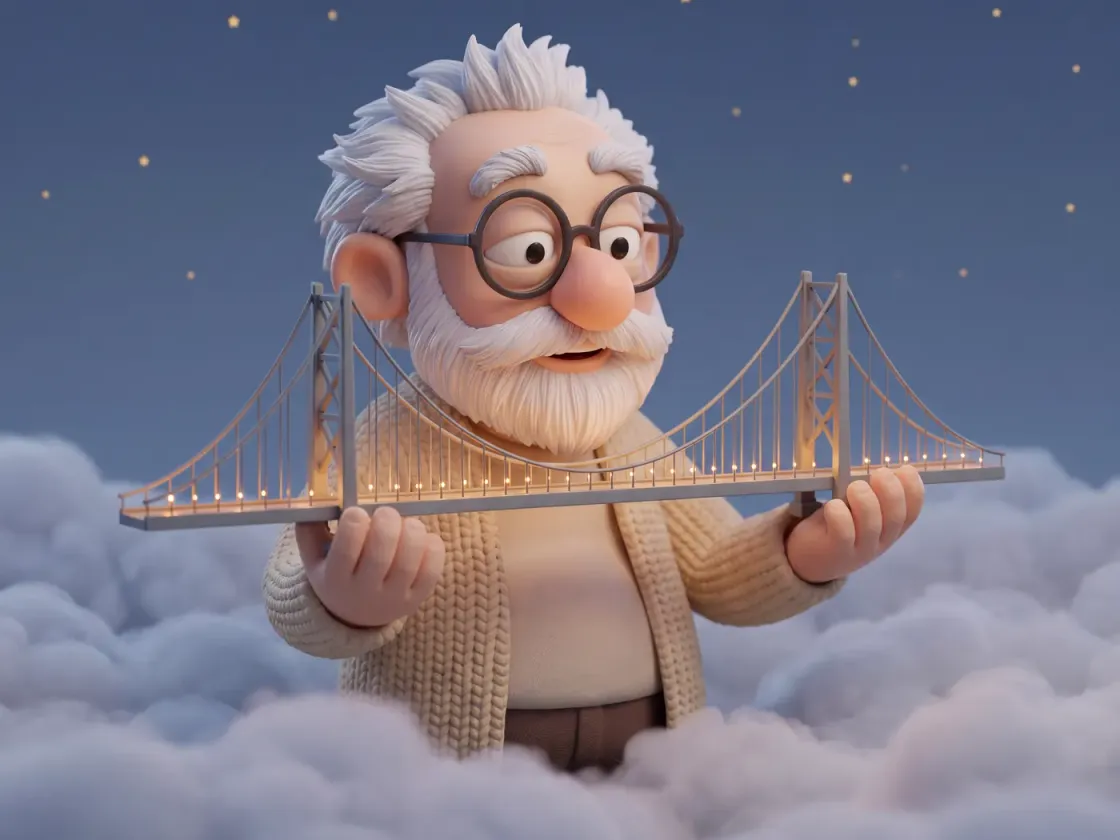 Fridolin sitzt auf Wolken und hält ein Modell einer Hängebrücke mit zwei Türmen und einem durchhängenden Tragseil.