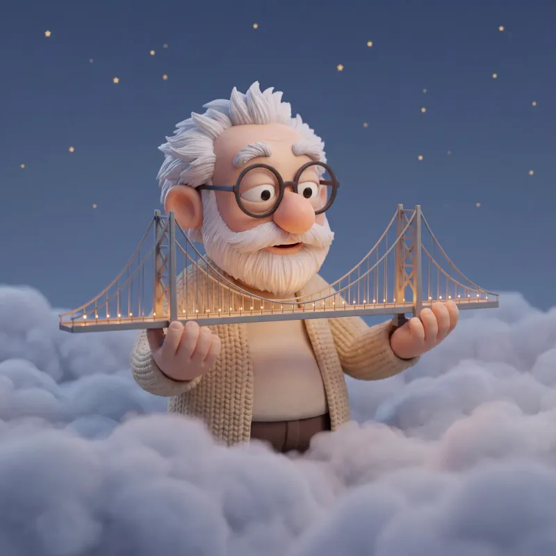 Fridolin sitzt auf Wolken und hält ein Modell einer Hängebrücke mit zwei Türmen und einem durchhängenden Tragseil.
