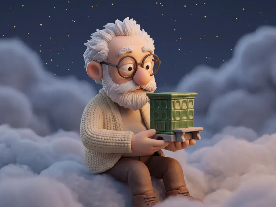 Fridolin sitzt auf Wolken und hält ein kleines grünes Kachelofen-Modell mit Steinbank.