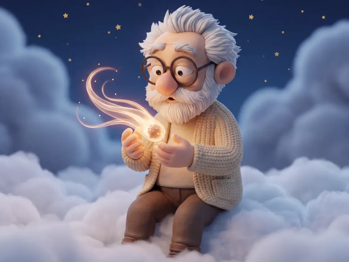 Fridolin sitzt zwischen weichen Wolken und streckt die Hände nach einem leuchtenden Schweifstern aus. Unter goldenem Sternenhimmel taucht dessen warmes Licht Gesicht und Strickjacke in sanften Schein.