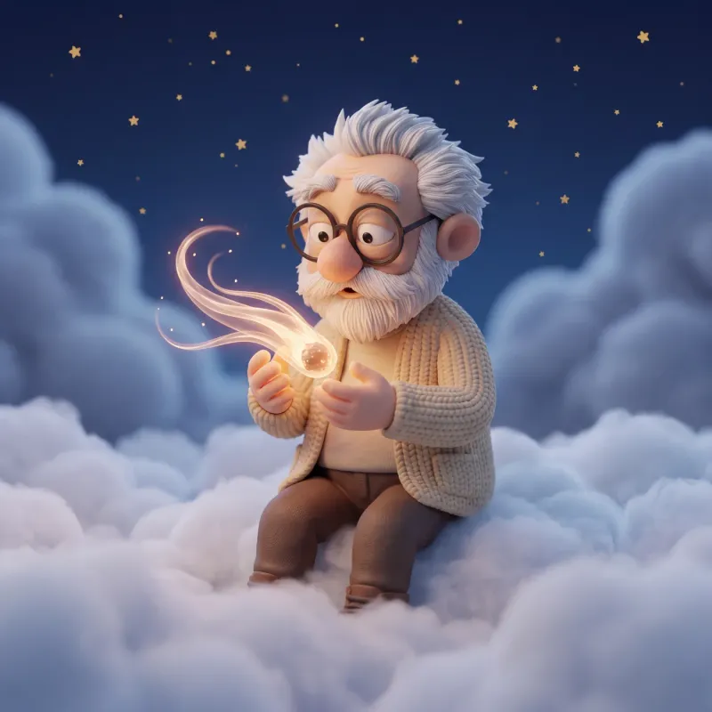 Fridolin sitzt zwischen weichen Wolken und streckt die Hände nach einem leuchtenden Schweifstern aus. Unter goldenem Sternenhimmel taucht dessen warmes Licht Gesicht und Strickjacke in sanften Schein.