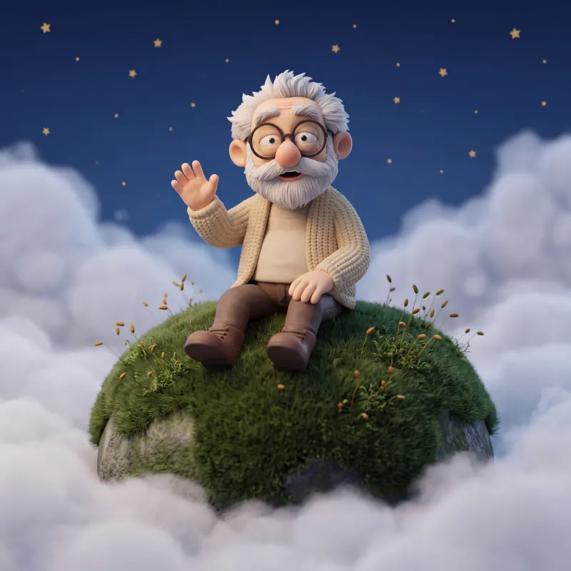 Fridolin sitzt auf einem moosbewachsenen Stein, der über den Wolken schwebt, und winkt.