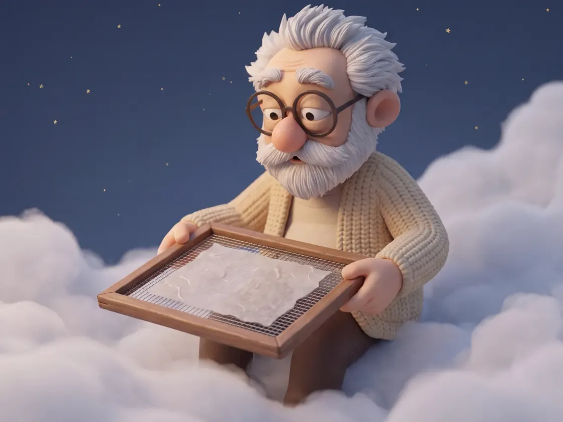 Fridolin sitzt über den Wolken und hält ein hölzernes Schöpfsieb mit einem frisch geschöpften Blatt Papier.