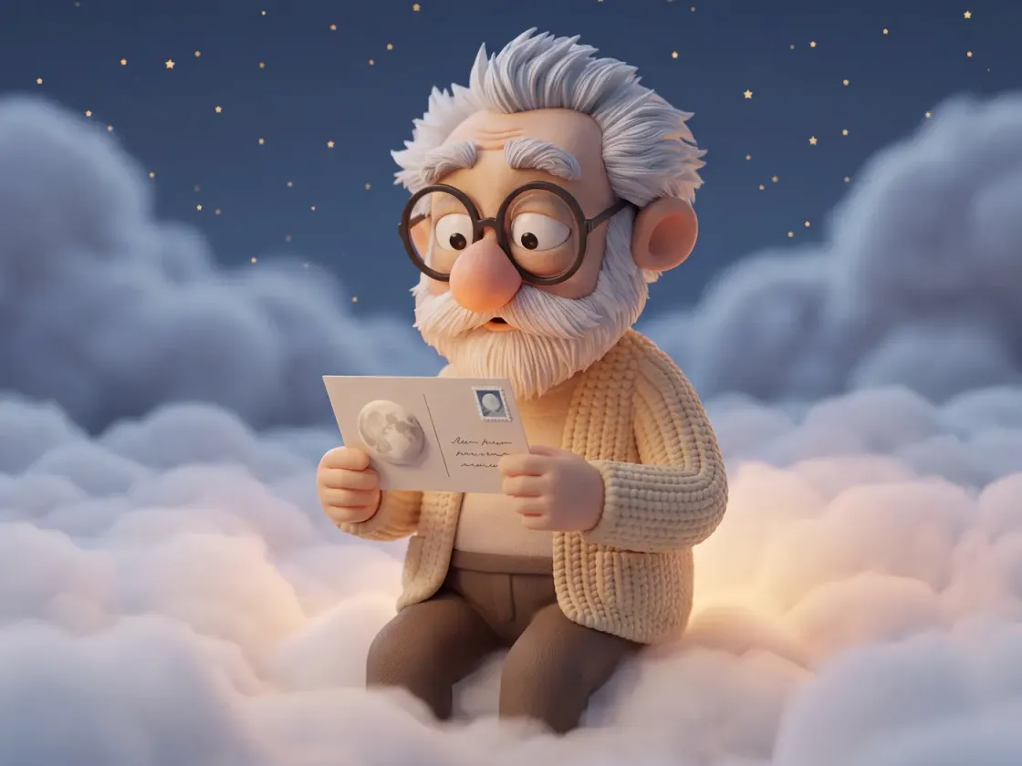 Fridolin sitzt auf Wolken und liest eine handbeschriebene Postkarte mit Briefmarke.