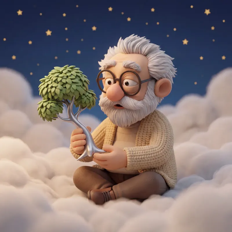 Fridolin sitzt auf Wolken und hält eine kleine Rotbuche mit silbergrauem Stamm und grüner Krone.