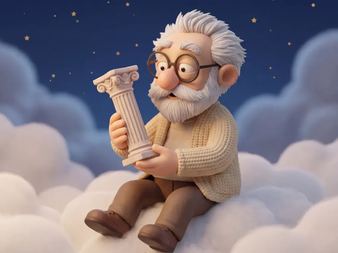 Fridolin sitzt auf Wolken und hält eine kleine weiße Säule mit ionischem Kapitell.