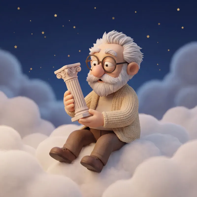 Fridolin sitzt auf Wolken und hält eine kleine weiße Säule mit ionischem Kapitell.