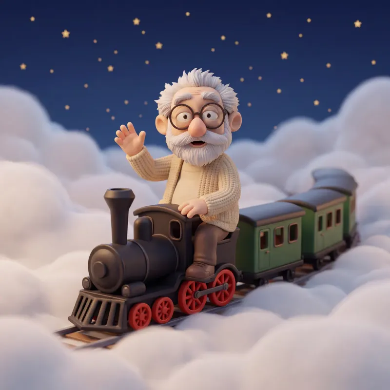 Fridolin sitzt vorne auf einer kleinen schwarzen Schmalspur-Dampflokomotive mit grünen Wagen und winkt, über Wolken unter einem Sternenhimmel.