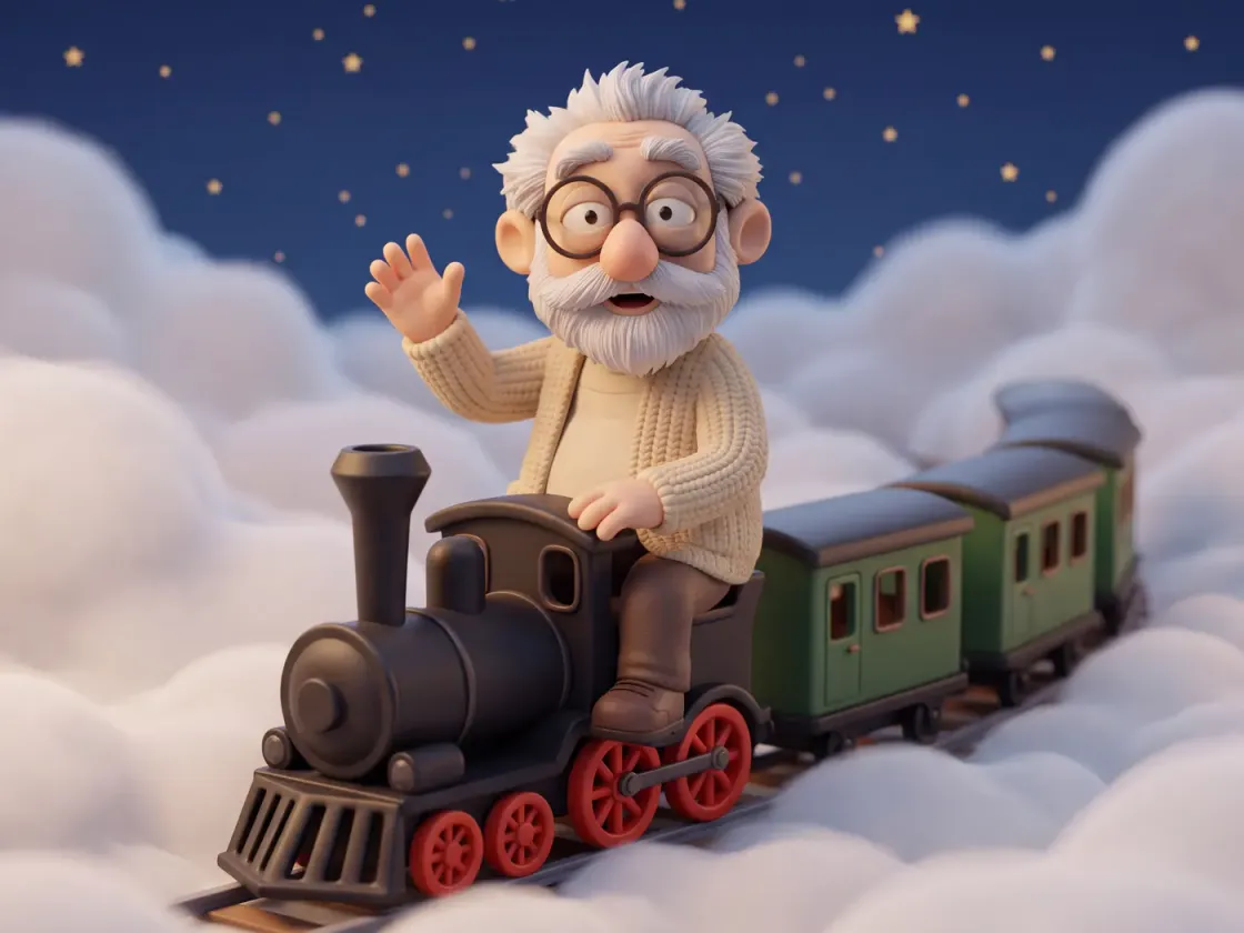 Fridolin sitzt vorne auf einer kleinen schwarzen Schmalspur-Dampflokomotive mit grünen Wagen und winkt, über Wolken unter einem Sternenhimmel.