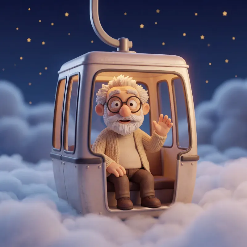 Fridolin sitzt in einer kleinen, altmodischen Seilbahnkabine mit großen Fenstern und winkt, über Wolken.