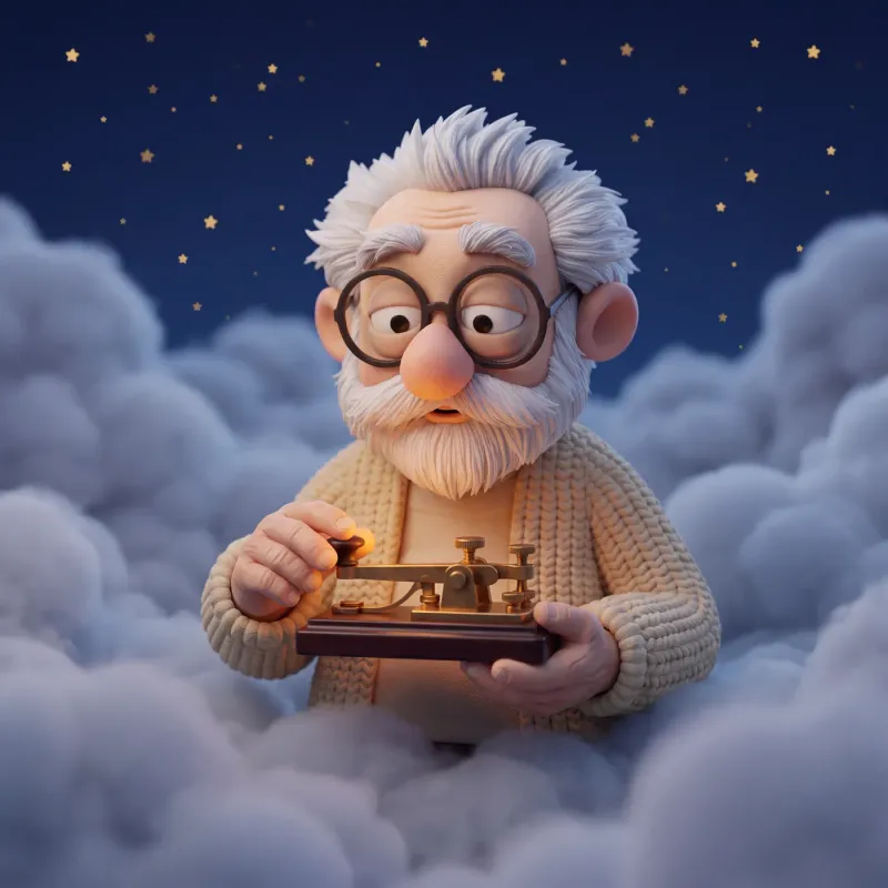Fridolin sitzt auf weichen Wolken unter dem Sternenhimmel und hält eine Morsetaste aus Messing und Holz in den Händen.
