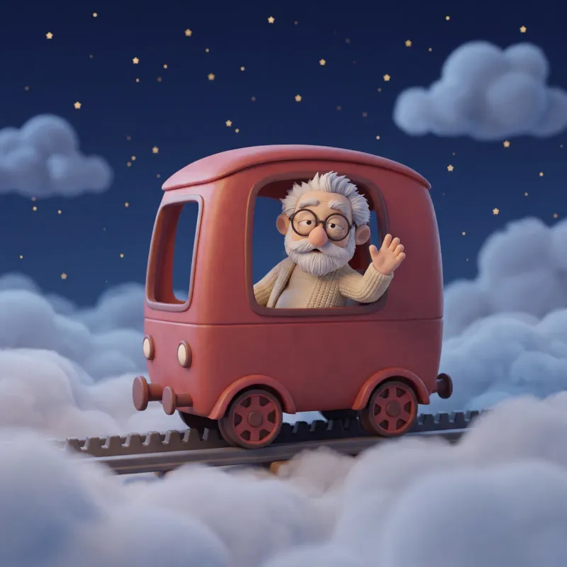 Fridolin sitzt im roten Wagen einer Zahnradbahn, die über den Wolken auf einer Zahnstange steht, und winkt.