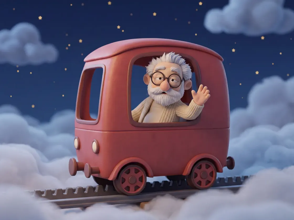 Fridolin sitzt im roten Wagen einer Zahnradbahn, die über den Wolken auf einer Zahnstange steht, und winkt.